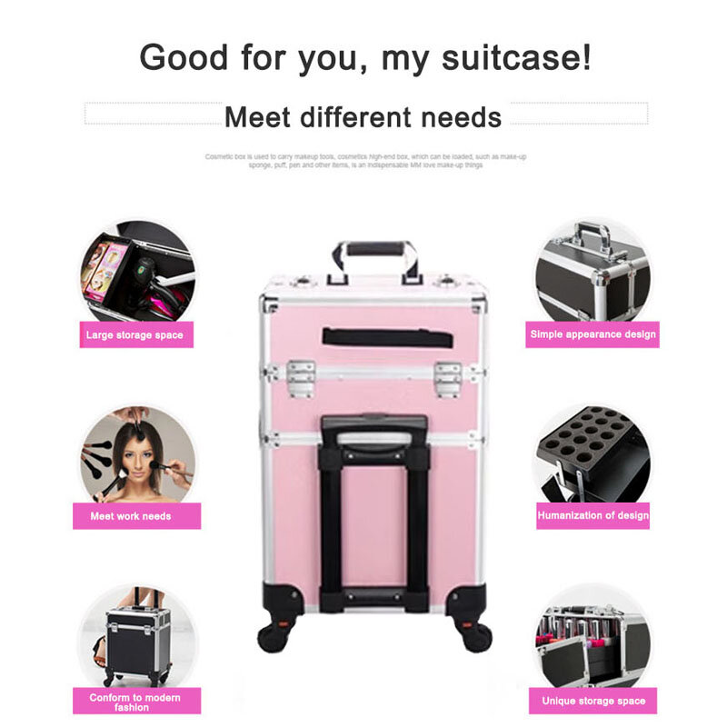 2 Layers Pull Rod Toolbox Portable Cosmetics Organizer Removable Makeup Box With Universal Wheel Large Capacity Nail Art Storage