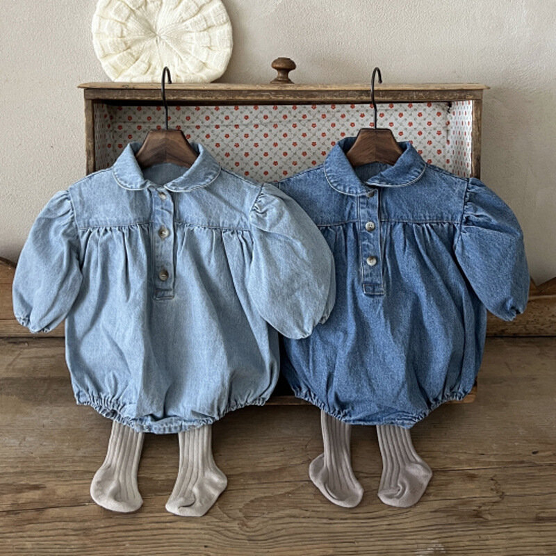 Baby clothes 0-2 year old solid color denim girl Romper stylish cute lapel bubble sleeve denim triangle boy's jumpsuit