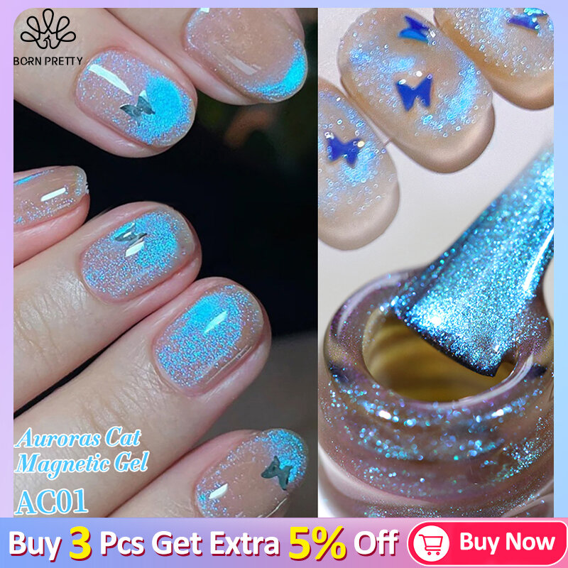 BORN PRETTY 10ml Auroras Blue Cat Magnetic Gel Nail Polish Shining Glimmer Fairy Crystal Magnetic Gel Polish for Summer Nail DIY