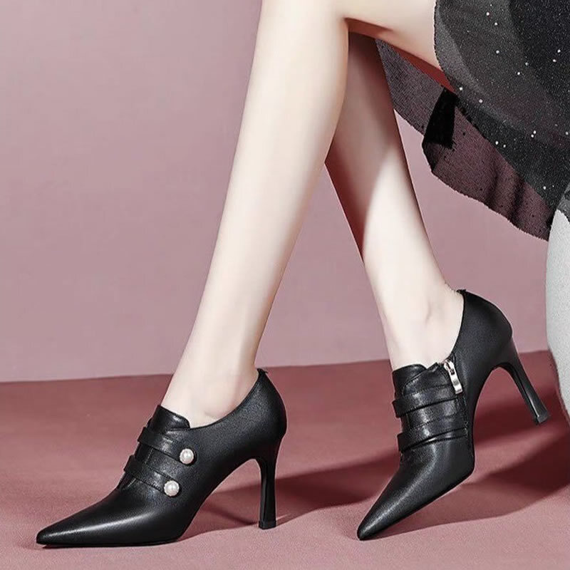 Ботинки женские с открытым носком, Классическая обувь на высоком каблуке, с двойным жемчугом, дизайнерские полусапожки на молнии, туфли-лодочки, Осень-зима