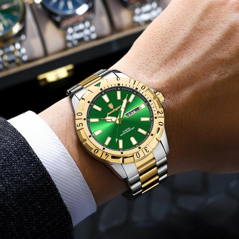 Poedagar-Relógio de quartzo de luxo masculino, impermeável, luminoso, data week, militar, aço inoxidável, masculino relógios, relógio esportivo