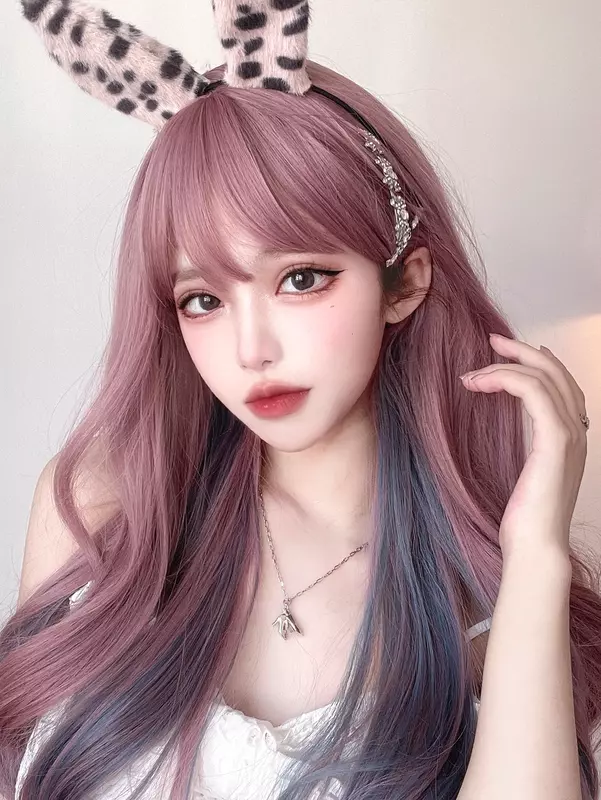 26Inch Pinky Purple Highlight Blue-Gray Synthetic Wigs With Bang Long Natural Straight Hair Wig For Women Daily Heat Resistant