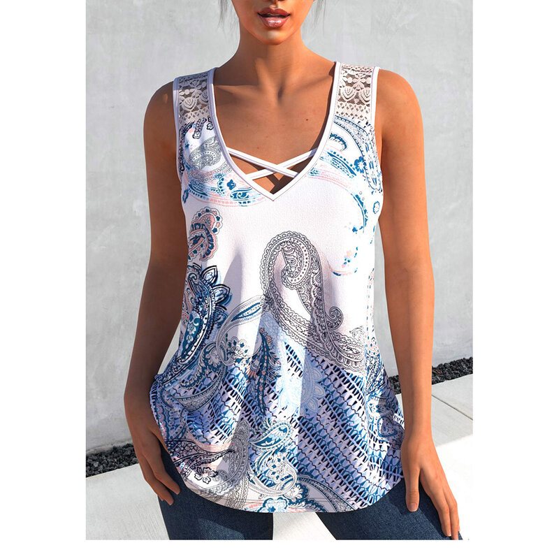 Plus Size Cross Strap Lace Stitching Floral Print Casual Tank Top