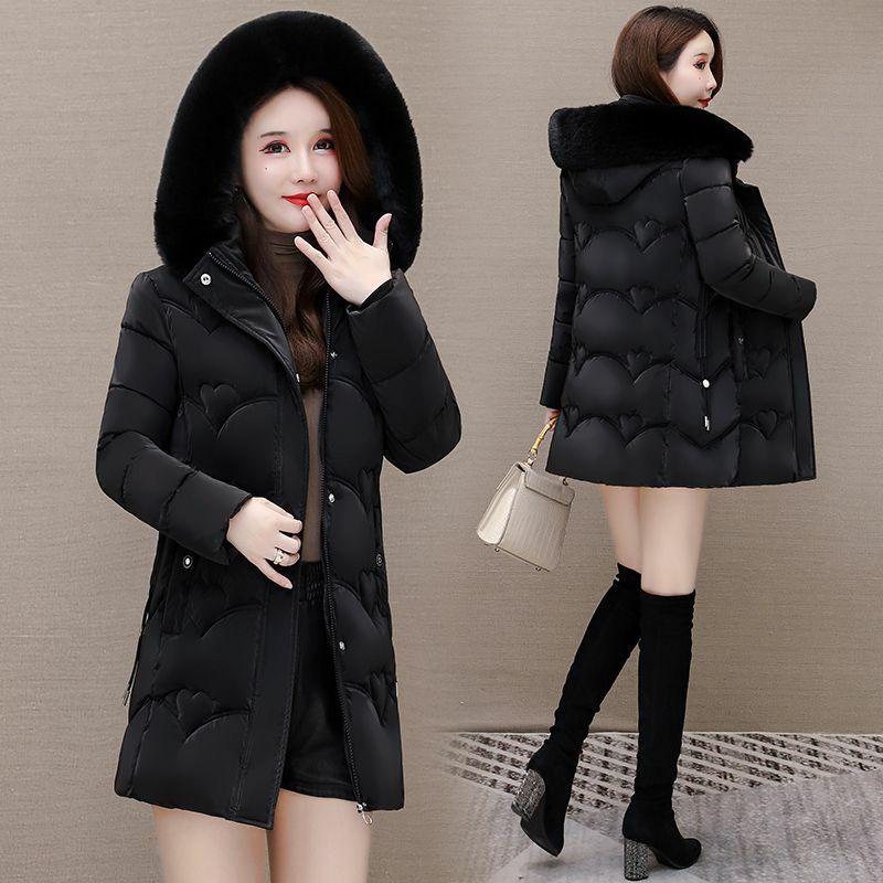 여성용 긴 소매 대형 모피 칼라 지퍼 후드 파카, 중간 길이, 두껍고 따뜻한 코튼 패딩 재킷 코트, 2023 겨울