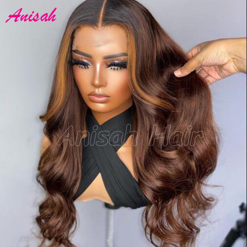 Chocolate Brown 13x4 Body Wave Lace Front Wig Preplucked Glueless Brazilian Highlight Ombre Lace Frontal Wigs For Women