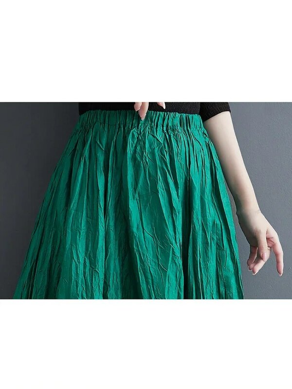Solid Color Folds Elastic Waist Skirts Loose Casual Ankle-length 2024 Autumn New Arrival Show Thin All Match