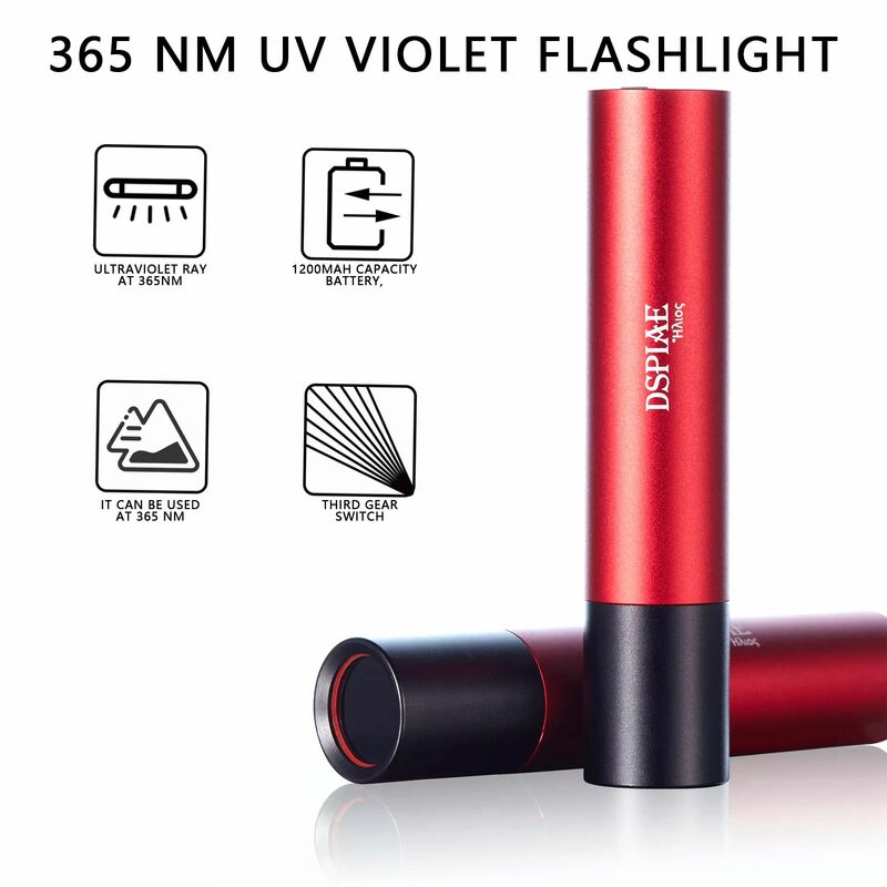 DSPIAE 3W 3 Gears Adust 365NM UV UV-T Nano Violet Flashlight Hand Tool Red Micro-USB 1200mah 120*45*30mm