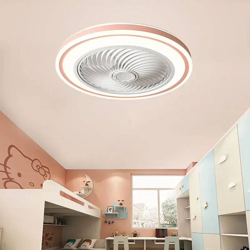 แอพพลิเคชั่นที่ห่างไกลโคมไฟพัดลมติดเพดานบางเฉียบทำให้เวลาได้สำหรับห้องนอนห้องรับประทานอาหาร LED ทันสมัยพร้อมพัดลมไฟฟ้าสีชมพู