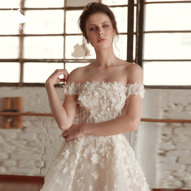 Aedmgh A 라인 웨딩 드레스, 2024 보트 넥 오프 숄더, 로맨틱 3D 꽃 가운, 드 노비아 아플리케