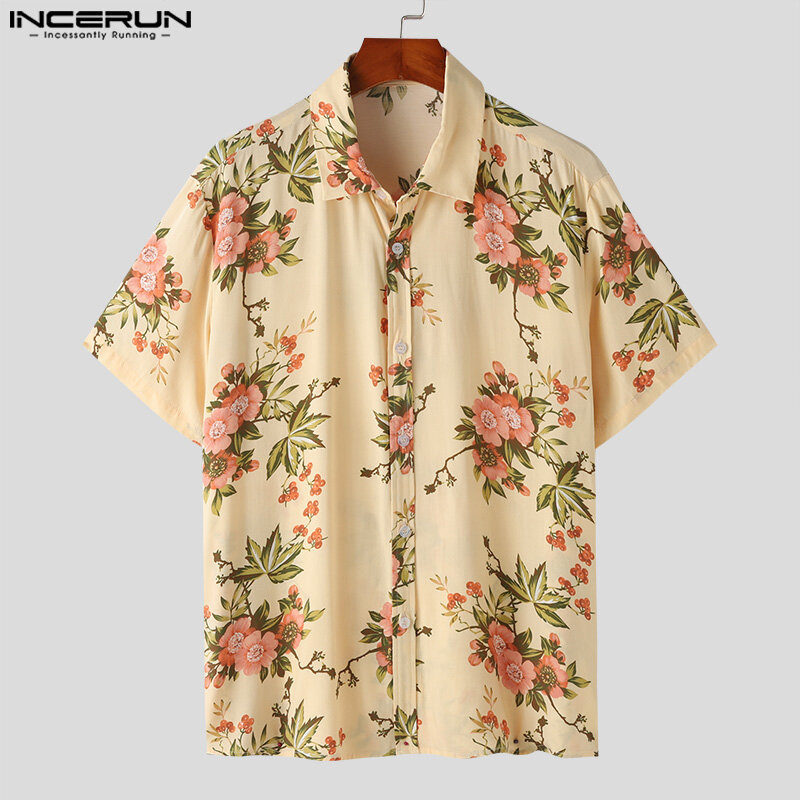 INCERUN-Camisa havaiana de manga curta masculina, lapela estampada, roupas de férias, streetwear casual, camisas de verão, S-5XL, 2024