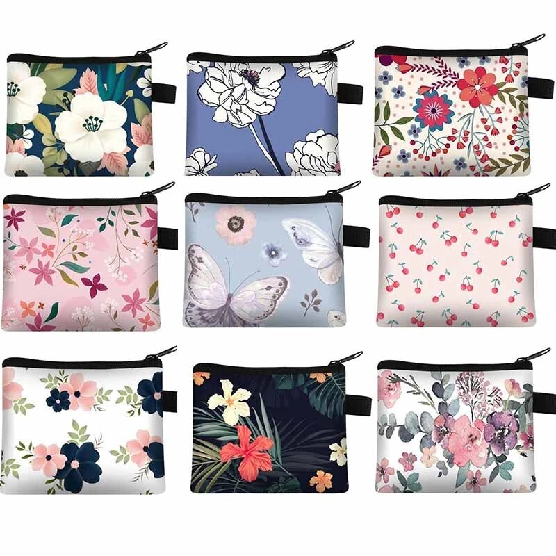 Porte-monnaie floral pour dames, sac à cartes portable, sac de rangement pour clés de monnaie, sac d'argent, petit sac carré Portfel Wallet F1