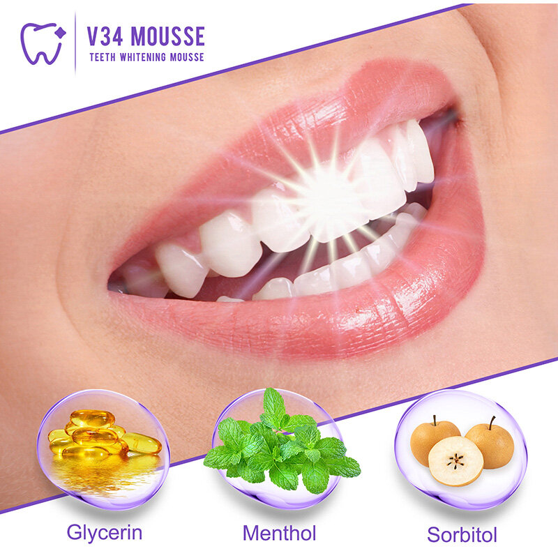 V34 Mousse Toothpaste 50ml Teeth Whitening Removing Yellow Teeth Cleaning Tooth Stain Oral Fresh Tooth Oral Cleaning Product
