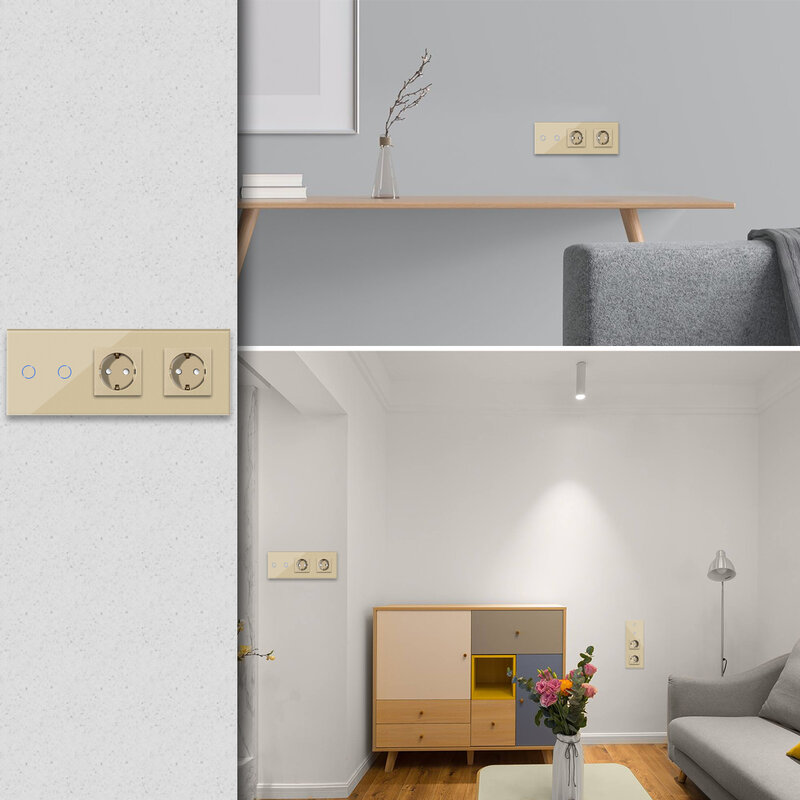 DAJIMEI EU Standard 1 2 3 Gang Wand Touch Schalter mit Sockel 2/3way Licht Schalter für Treppen Wasserdicht gold Glas Panel
