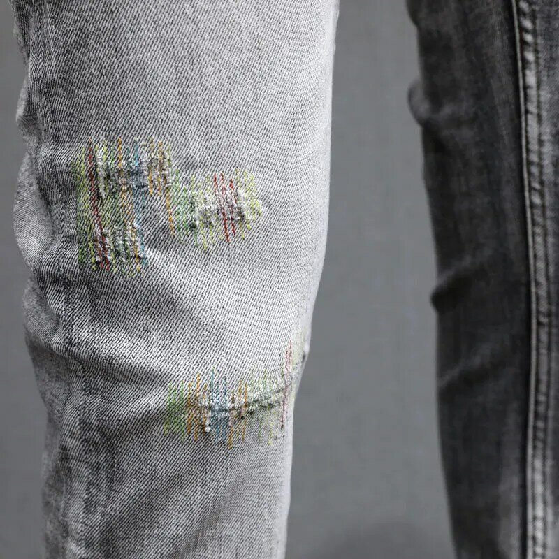 Jeans vintage rasgado masculino, calça jeans casual, estilo bordado, slim fit, cinza retrô, stretch, alta qualidade, na moda