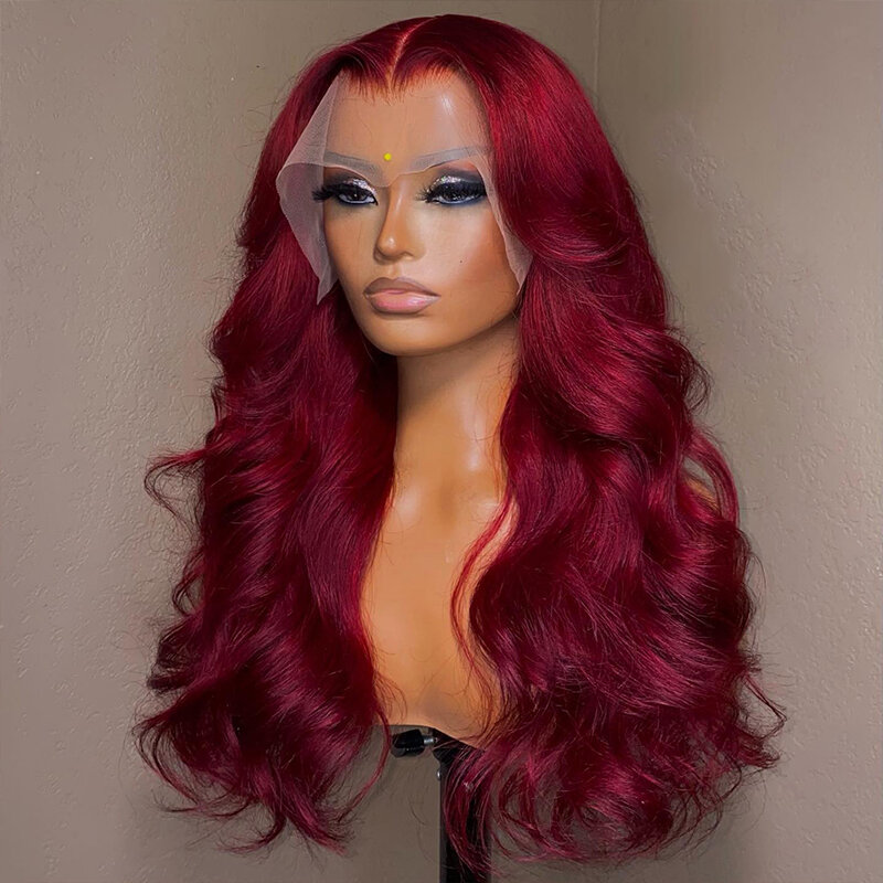 Peluca de cabello humano ondulado para mujer, Frontal transparente de encaje postizo, color rojo borgoña 99J, 13x6, HD, Remy brasileño