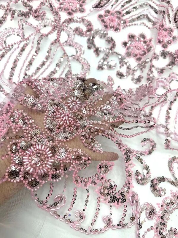Afrikanischer Perlen Spitzens toff hochwertige 5 Meter nigerian ische Pailletten Bräutigam Stoff Material für Hochzeits feier Kleid