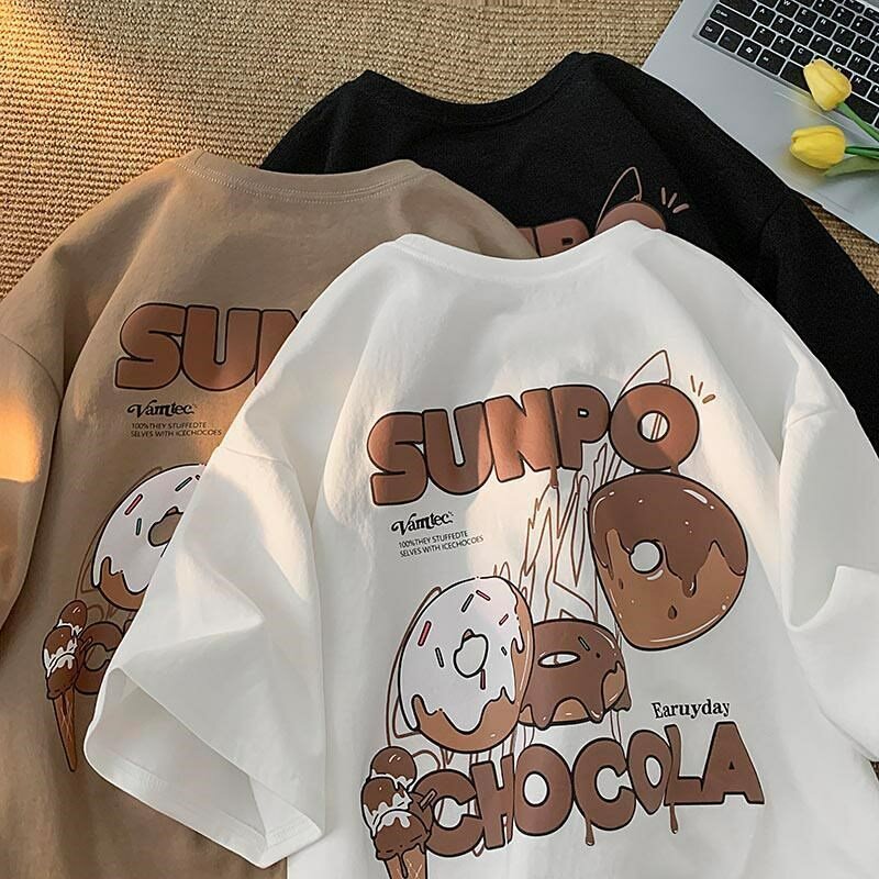 Verão criativo dos desenhos animados donut manga curta t-shirts para homem e mulher ins preguiçoso vento solto casual versátil roupas de topo