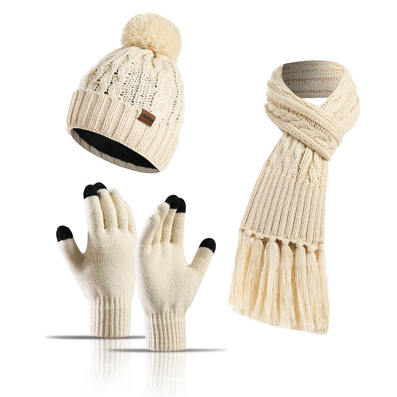 Set Wanita Musim Dingin Tetap Hangat Kupluk Lapisan Bulu Domba Sarung Tangan Jari Tipis Syal Benang Wol Rajutan Syal Topi