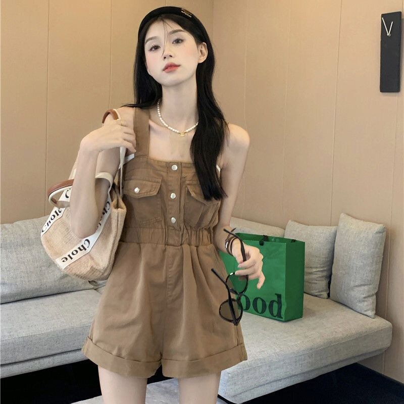 Summer Women's Short Section Cargo Strappy Jeans Fashion Slim Waisted Rompers Shorts Youthful Vitality Jumpsuit Overalls Shorts