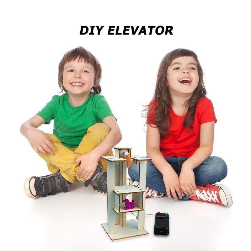 DIY Wood Assemble Electric Lift Elevator Develop Children Curiosity Creativity Kid Science Experiment Material Kit Toy