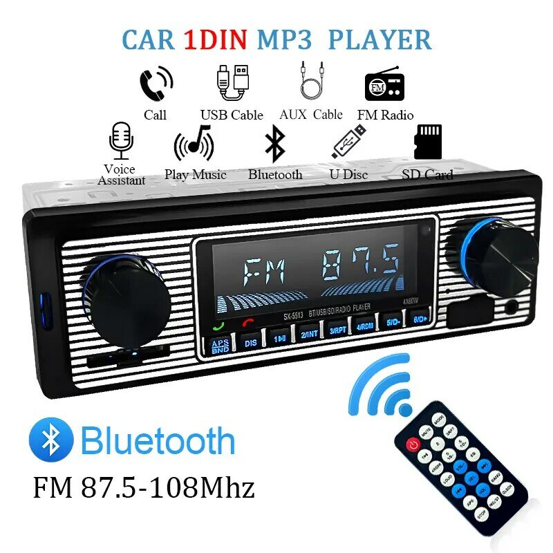SINOVCLE-Car Multimedia Radio, Stereo Digital, Bluetooth, Áudio FM, Música, USB, SD com In-Dash, Entrada AUX, MP3, 12V