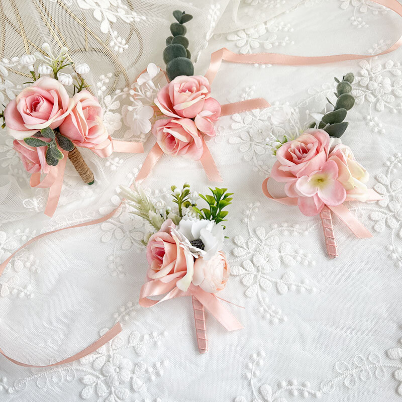 Boutonnière de mariage pour hommes, bracelets de corsage de poignet pour demoiselles d'honneur, boutonnière rose champagne, accessoires de fête, fleurs artificielles