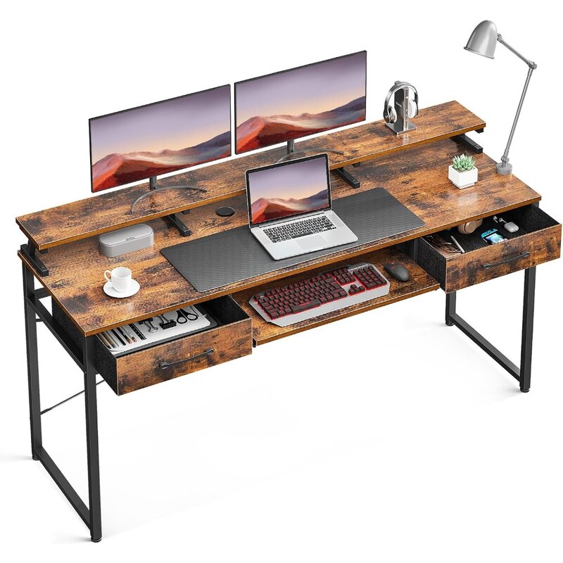 ODK-Mesa de estudio con cajones y bandeja para teclado, escritorio para ordenador de 63 pulgadas, para oficina, estudio con estante para Monitor