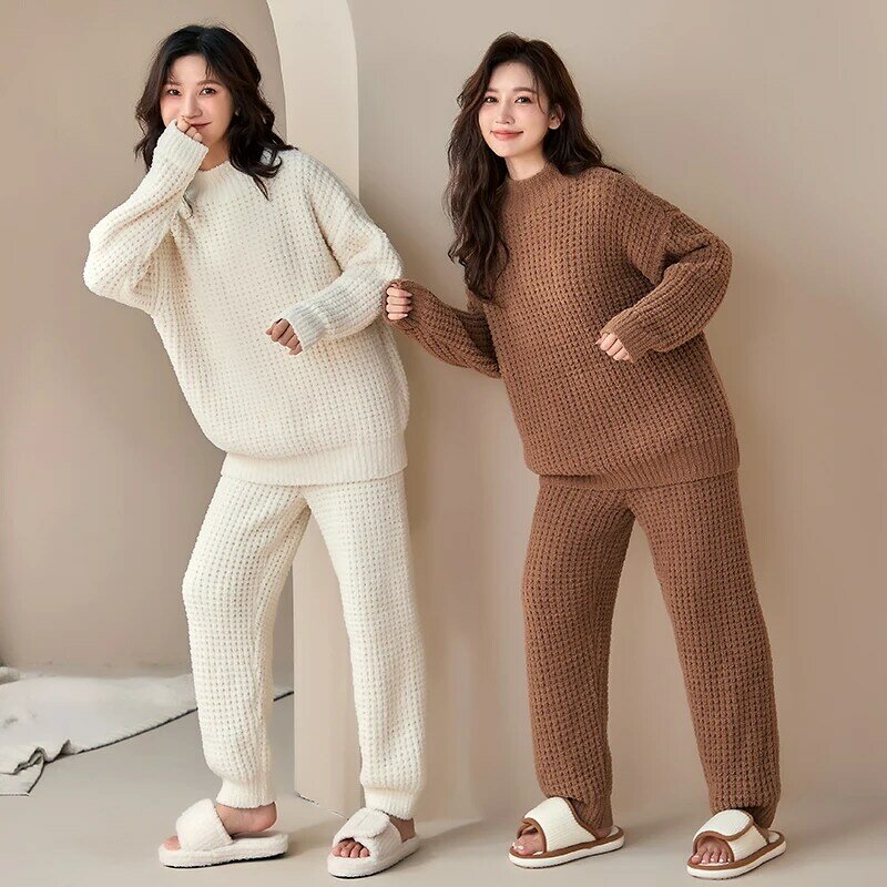 2 Colors Fashion Winter Women Pajama Set Warm Flannel Sleepwear Long Sleeve Solid Nightwear