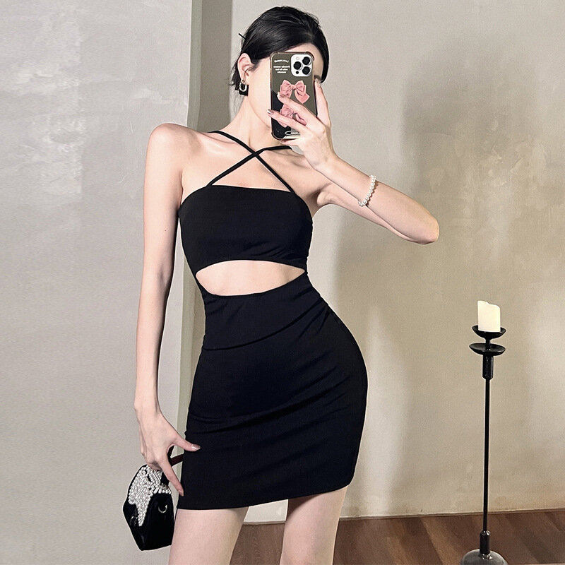 High Quality 2024 Sexy Long Sleeved Mesh Sleeve Camisole Hollowed Out Hip Wrap Dress Two-piece Set Vestidos Streetwear Bodycon
