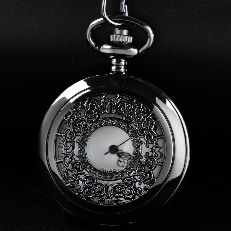 Preto padrão liso oco-para fora colar relógio de bolso de quartzo vapor amigo antigo moda corrente pingente bolso temporizador presente cf1005