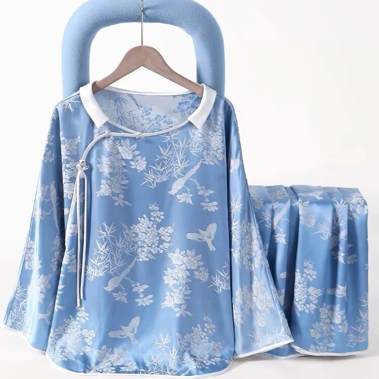 Pijama de satén de estilo chino para mujer, ropa de dormir de manga larga, traje de pijama de seda de hielo, traje de lujo con estampado, novedad