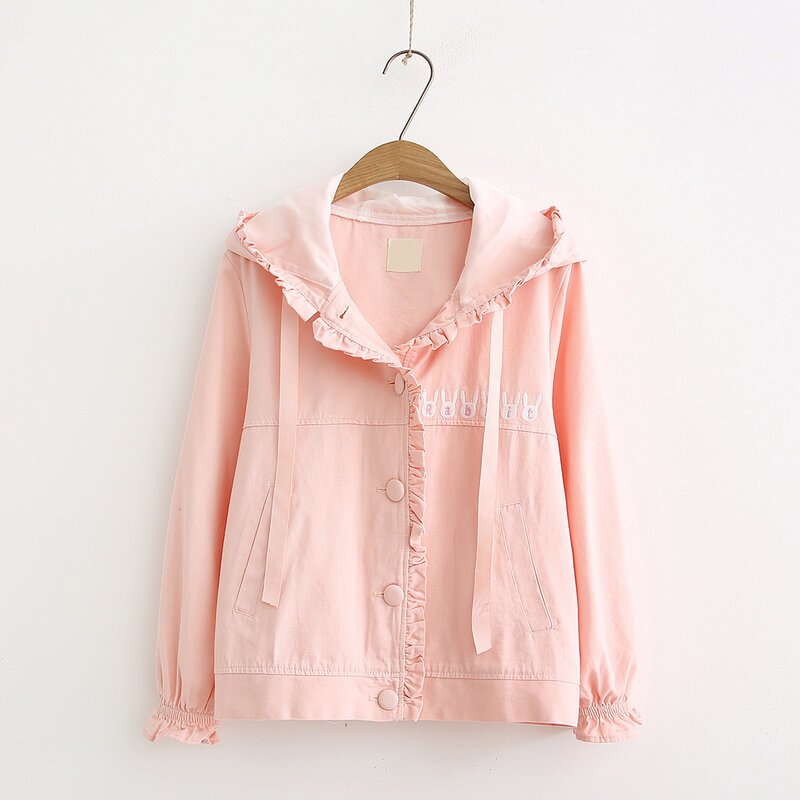 2021 여성 베이직 재킷, 일본 귀여운 토끼 귀 자수, 싱글 브레스티드, 핑크 아우터, 가을, 겨울