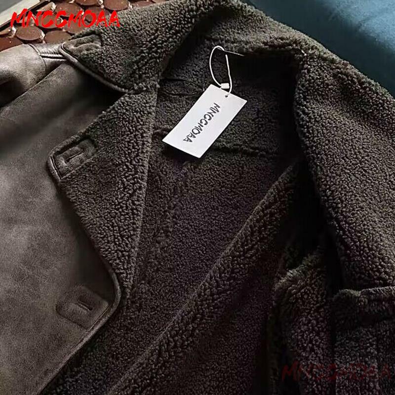MNCCMOAA-Jaqueta de lã falsa de manga comprida feminina, casaco vintage quente, tops femininos casuais, bolso monocromático, alta qualidade, inverno, 2023
