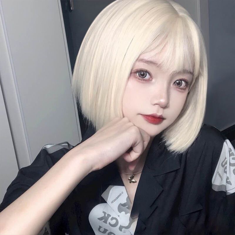 Pink Short Bob Straight Synthetic Wig with Bangs for Cosplay Lolita Fake Hair for  Women Party Natural Wig High Temperature