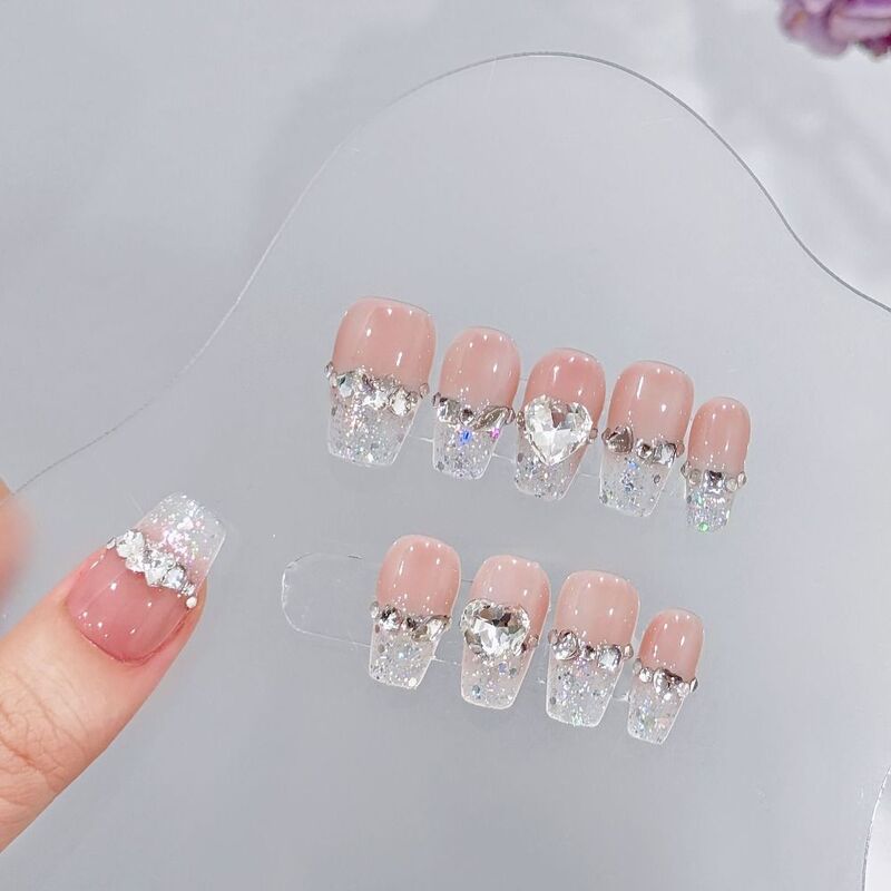 10 pz XS S M L unghie finte fatte a mano a forma di bara copertura completa stampa sulle unghie aspetto sensuale innocuo 3D strass Design