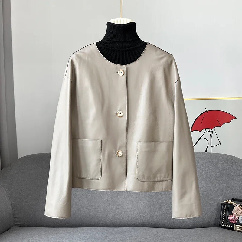 Jaqueta de couro genuíno feminina, casaco de pele de carneiro pura, estilo curto, roupas simples, roupas femininas, nova, primavera 2022