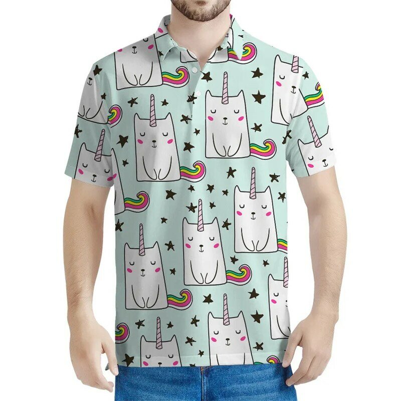 사랑스러운 고양이 패턴 폴로 셔츠 남성용, 3D 인쇄 만화 동물 티셔츠, 어린이 여름 반팔 상의, 느슨한 티셔츠