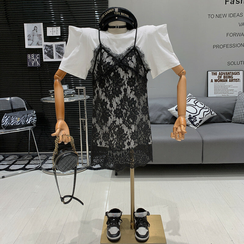 Modna modna seksowna koronkowa chusta sukienka prosta i wszechstronna jednokolorowa T-shirt z krótkim rękawem zestaw dwóch