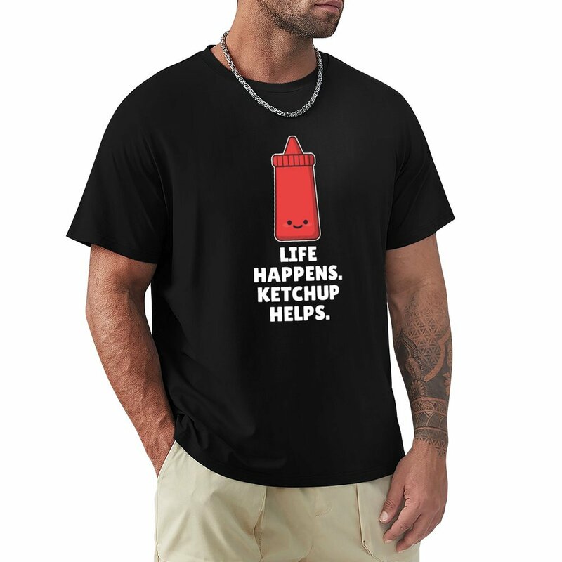 La vida pasa. Ketchup ayuda. Camiseta para hombre, camisa grande y alta, color blanco y negro