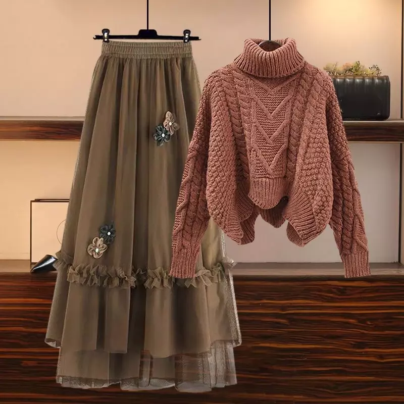 DAYIFUN set Sweater wanita, setelan Sweater kerah O Solid dan bunga pinggang tinggi jala setengah rok dua potong musim gugur musim dingin 2023