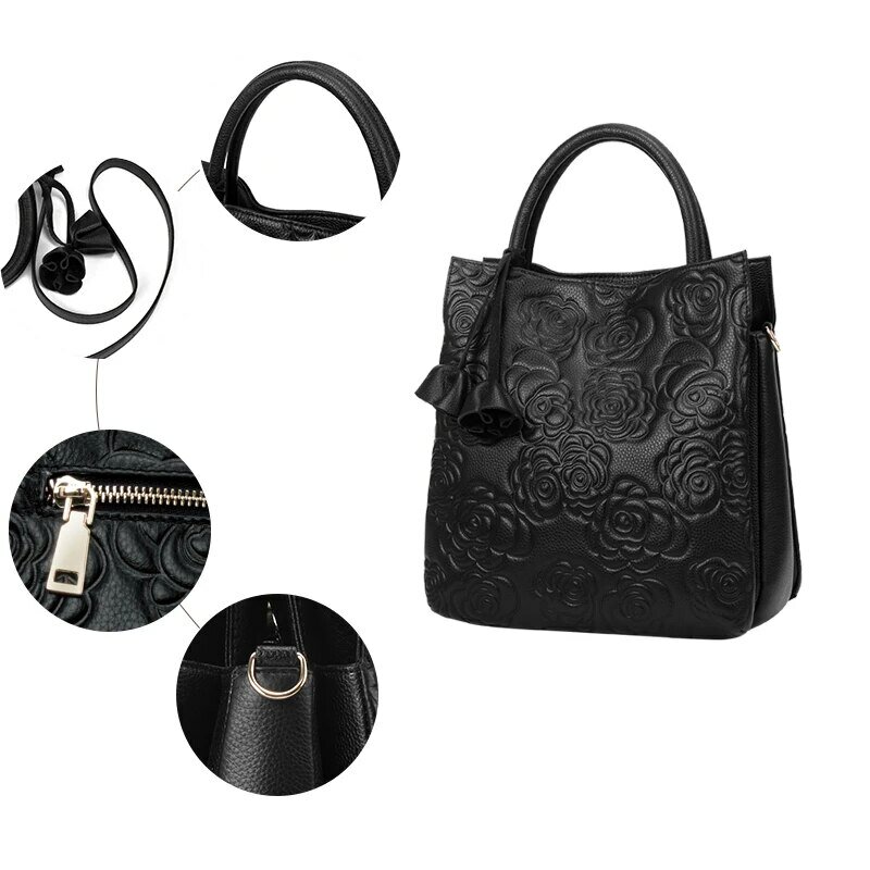 Aidrani New WOMEN'S High-capacity Handbag with High-end Floral Embossed Top Layer Cowhide Bucket Bag