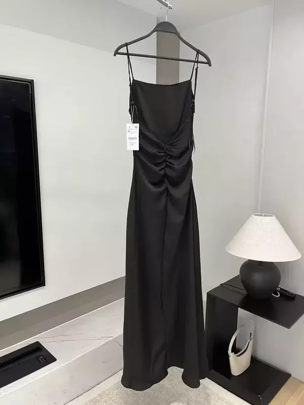 Damska nowa elegancka moda plisowana dekoracja bez rękawów szczupła szelkowa sukienka Midi Vintage bez pleców sukienki damskie szata Mujer