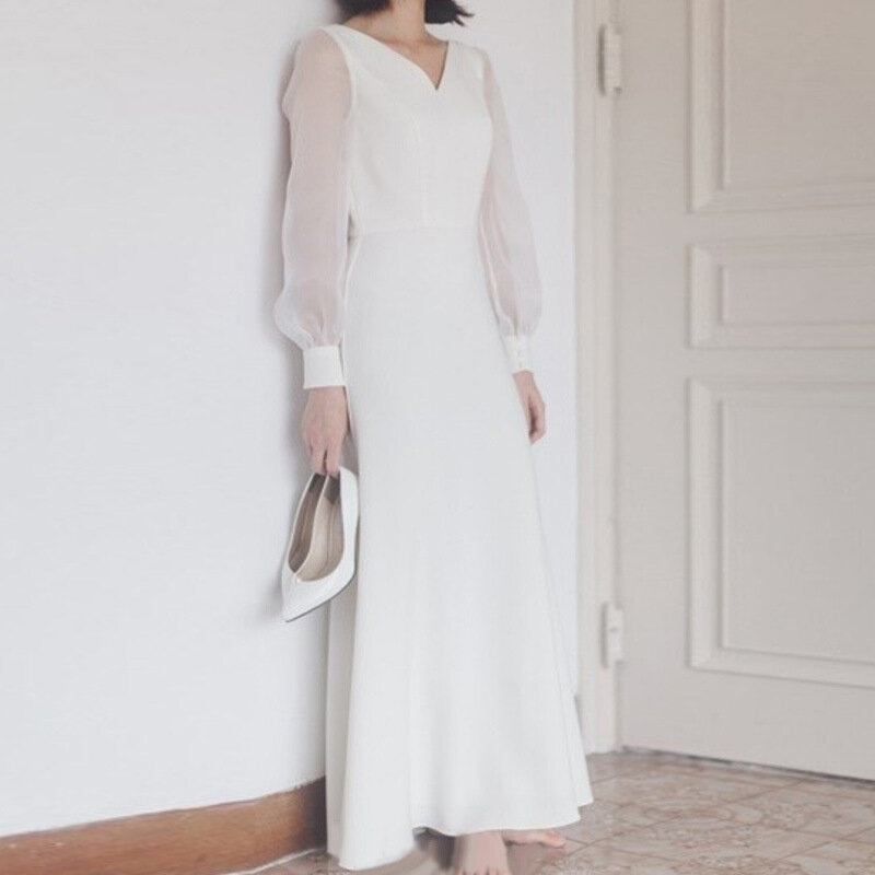 Vestidos de novia blancos franceses para mujer, elegantes, sexys, con cuello en V, largos, para fiesta de noche, verano 2024