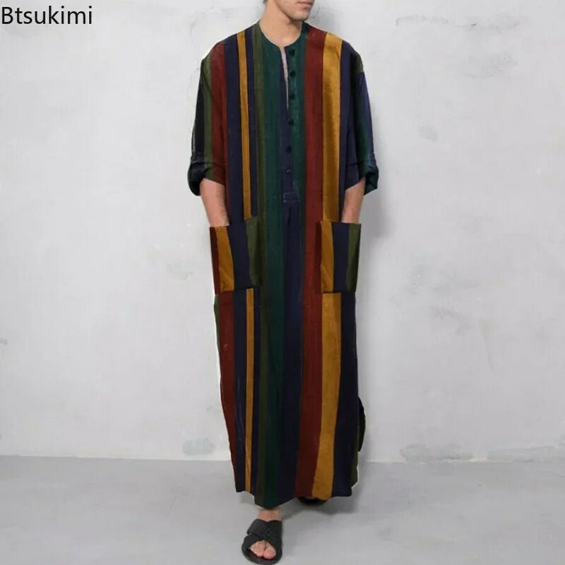 Jubah Gaun Tidur Pria Baju Bergaris Arab Pakaian Etnis Lengan Panjang Retro Kimono Rok Rumah Katun Jubah Mandi Lingerie S-5XL