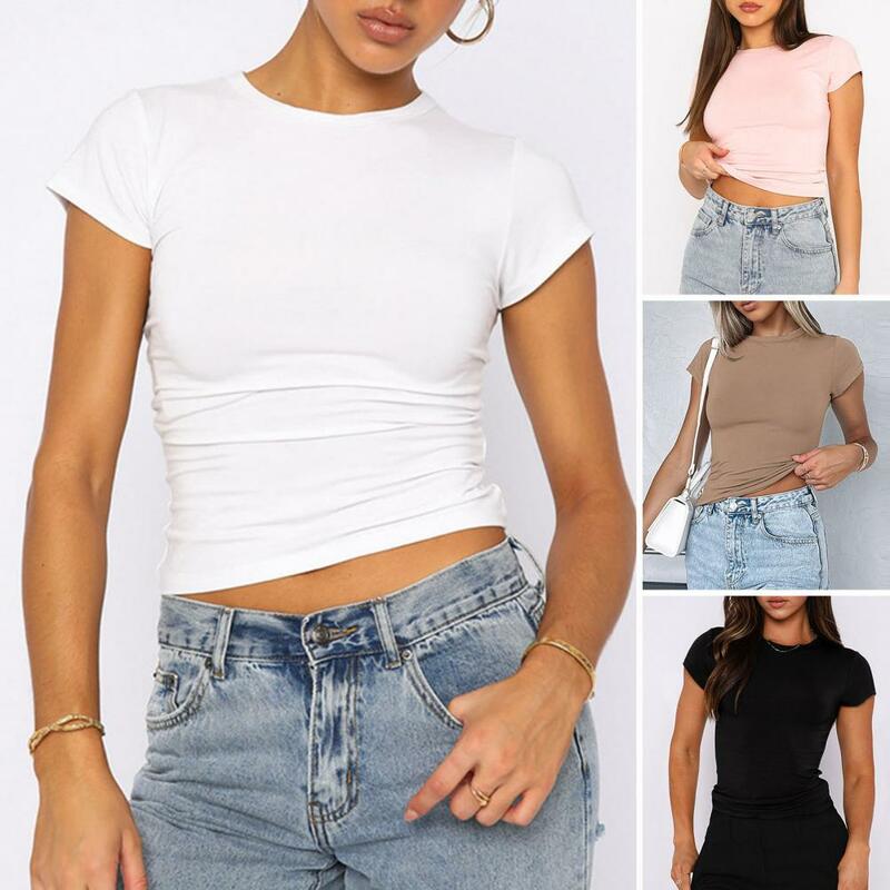 Women Summer Tee Shirt Round Neck Short Sleeve Pullover Tops Slim Fit Solid Color T-shirt Streetwear
