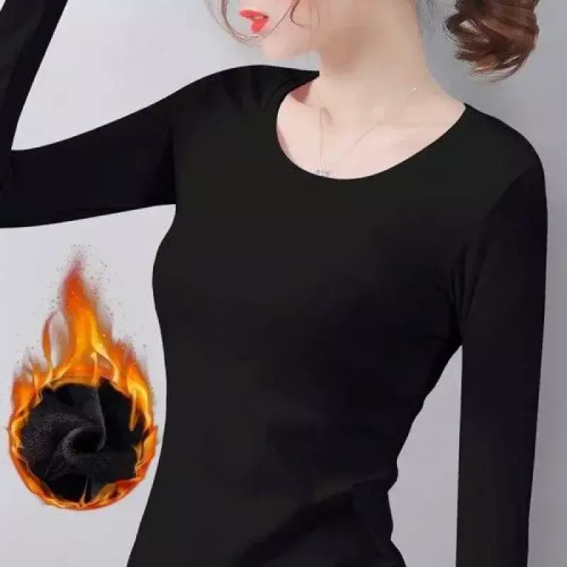 Camiseta fina de veludo térmico feminino de manga comprida, camisa térmica plus calefação, blusa de inverno, fibra constante, outono