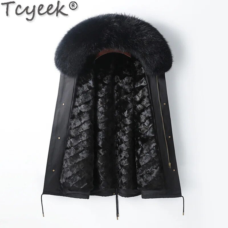 Tcyeek-معطف فرو المنك الحقيقي للرجال ، بطانة طويلة ، سترة قابلة للإزالة ، سترات الشتاء الدافئة ، طوق فرو الثعلب ، ملابس عصرية