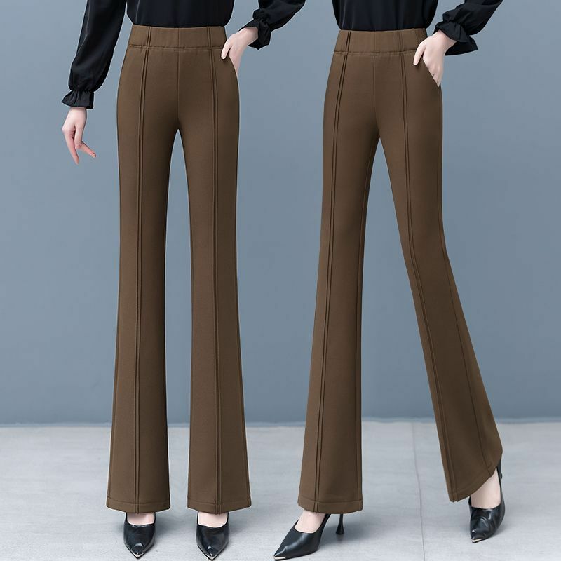 Flare celana lurus wanita saku Solid, pakaian kantor wanita simpel elegan modis ramping Vintage 2023