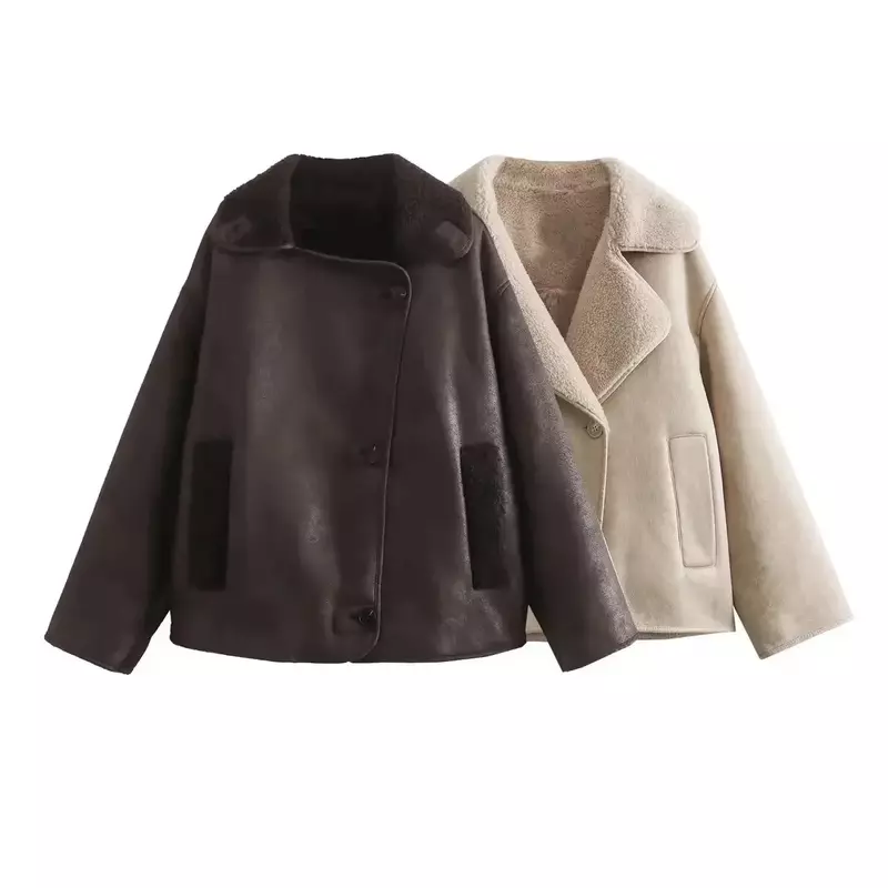 Женская Двухсторонняя куртка из искусственной кожи, свободная винтажная верхняя одежда с длинным рукавом и тиснением