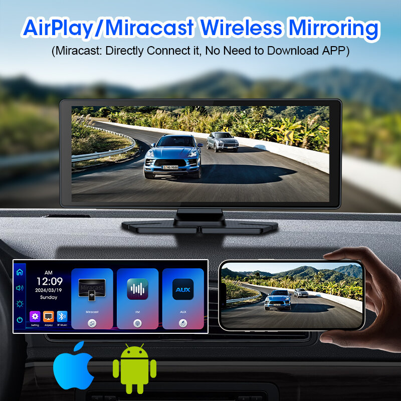 차량용 미러 비디오 플레이어, 무선 카플레이 및 안드로이드 자동 모니터, 멀티미디어, GPS 백미러 카메라, 대시보드, 10.26 인치, 4K